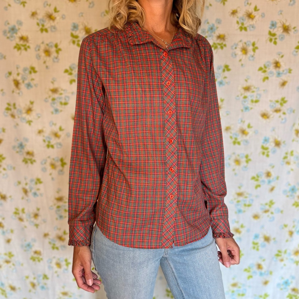 Vintage 90s plaid Christmas button up blouse with ruffle at neck and cuffs